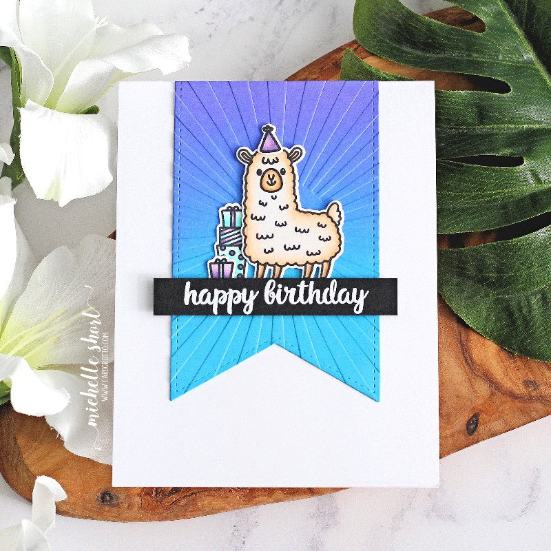 Sunny Studio Stamps Sunburst Embossed Llama Clean & Simple CAS Birthday Card (using Slimline Pennant Metal Cutting Dies)