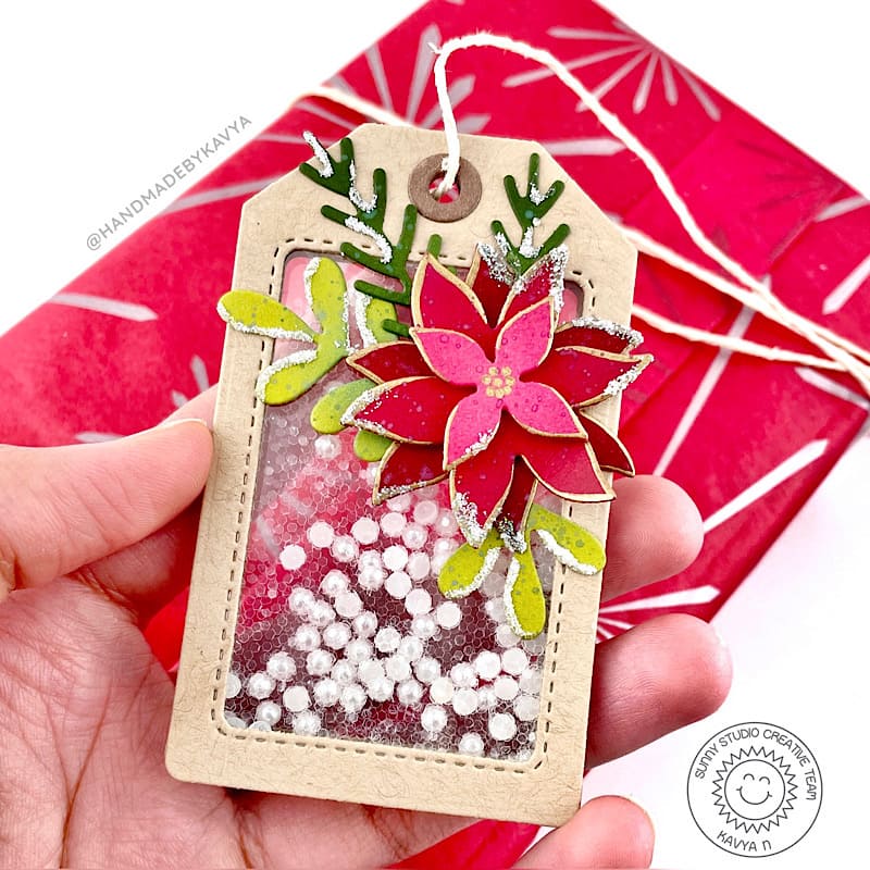 Sunny Studio Stamps DIY Holiday Poinsettia & Leaves Christmas Shaker Gift Tag using Mini Mat & Tag 3 Metal Cutting Dies