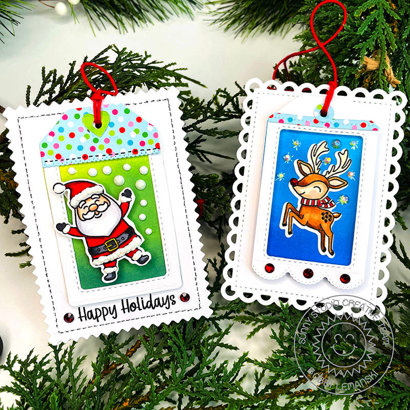 Sunny Studio Stamps Santa & Reindeer Scalloped Christmas Holiday Gift Tags (using Mini Mat & Tag 4 Metal Cutting Dies)
