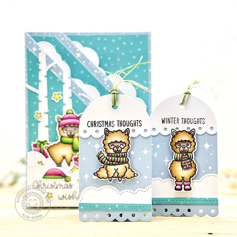 Sunny Studio Llama Christmas Card & Scalloped Gift Tags (using Alpaca Holiday 4x6 Clear Photopolymer Stamps)