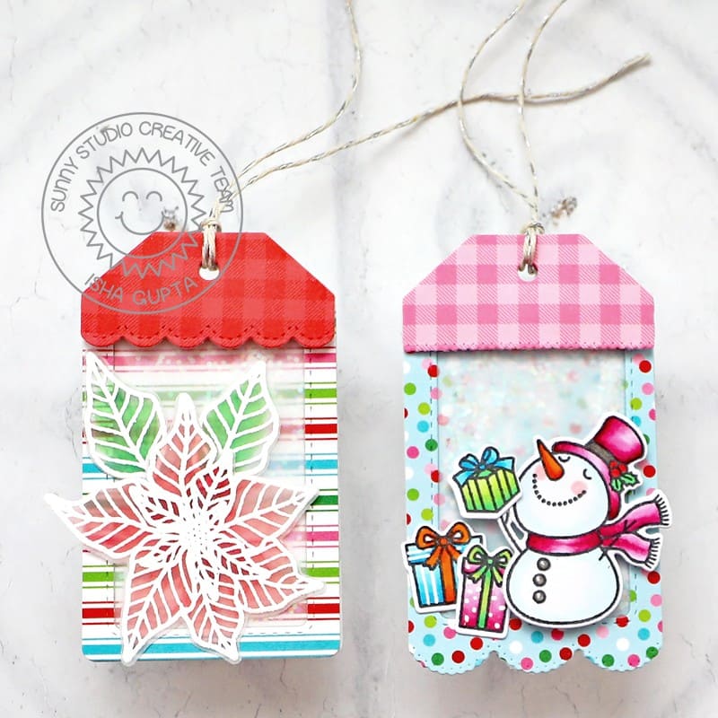 Sunny Studio Rainbow Polka-dot & Striped Snowman Christmas Holiday Scalloped Gift Tags (using Mini Mat & Tag 4 Cutting Dies)