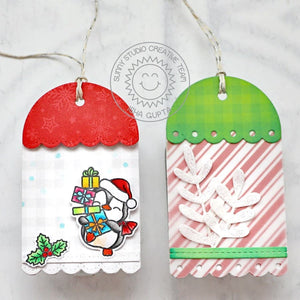 Sunny Studio Stamps Penguin Candy Cane Striped Christmas Holiday Scalloped Gift Tag using Mini Mat & Tag 1 Metal Cutting Die