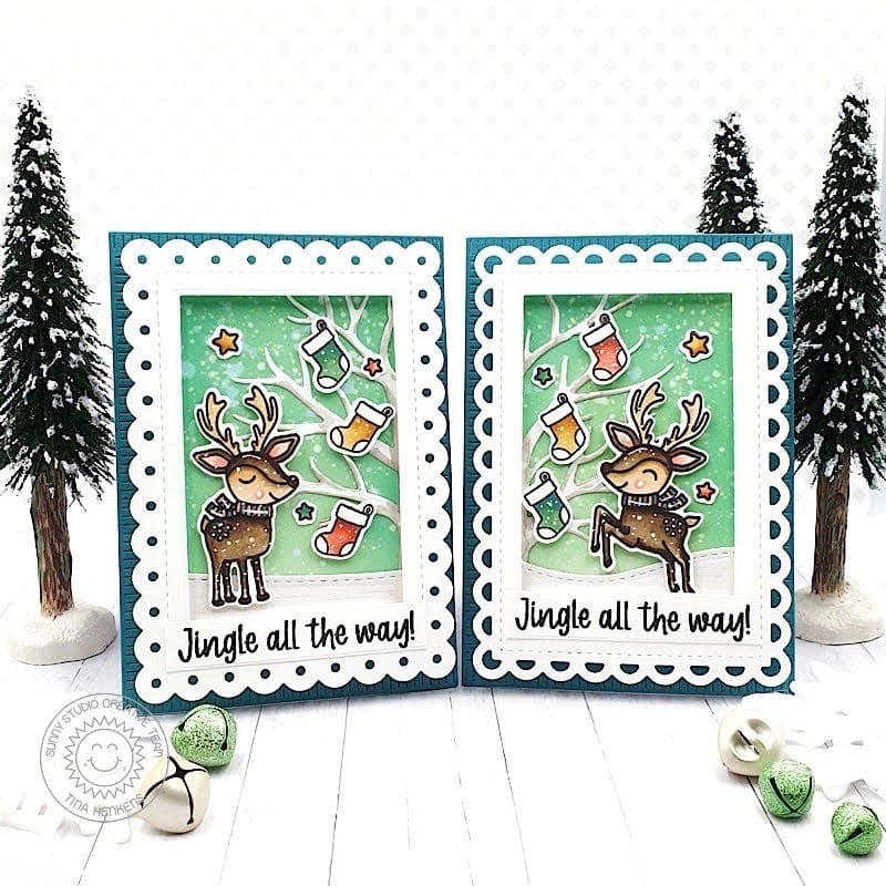 Sunny Studio Reindeer with Winter Tree Mini Scalloped Holiday Christmas Cards (using Autumn Tree Metal Cutting Dies)