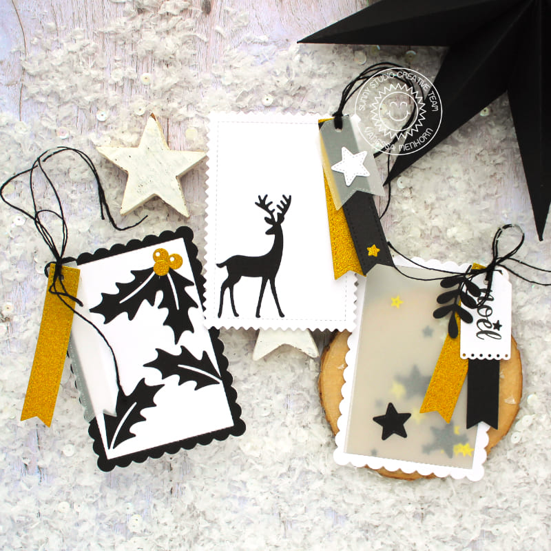 Sunny Studio Stamps Black & White Rustic Winter Deer & Holly Scalloped Gift Tags (using Mini Mat & Tag 1 Metal Cutting Dies)