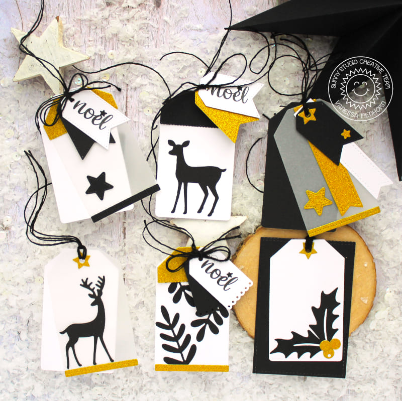 Sunny Studio Stamps Black & White Rustic Winter Deer & Holly Scalloped Gift Tags (using Winter Greenery Metal Cutting Dies)