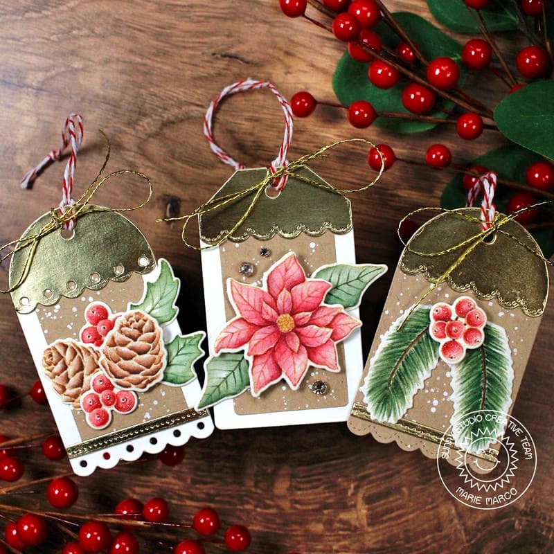 Sunny Studio No Line Coloring Watercolor Poinsettia, Holly Berries & Pinecones Holiday Gift Tags using Mini Mat & Tag 2 Dies