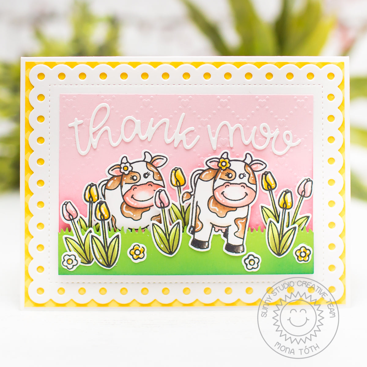 Sunny Studio Stamps Miss Moo Cow Themed Thank You Card (using Frilly Frames Polka-Dot Scalloped Metal Cutting Dies)