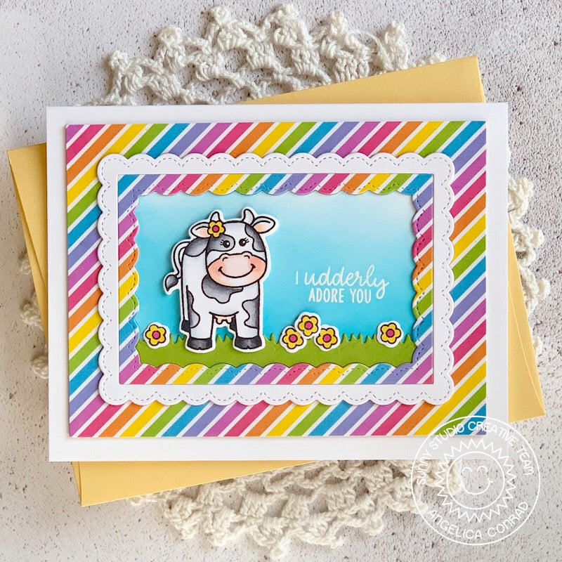 Sunny Studio Stamps Miss Moo Cow Themed Rainbow Striped Handmade Card by Angelica 