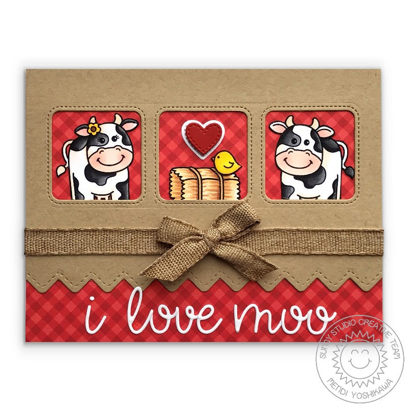 Sunny Studio Stamps I Love Moo Punny Cow Red Gingham Farm Themed Card (using Loopy Letter Alphabet Dies)