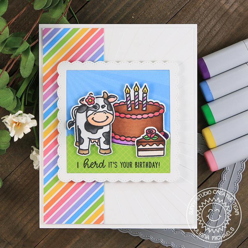 Sunny Studio Stamps Miss Moo Cow Themed Rainbow Birthday Card by Juliana Michaels