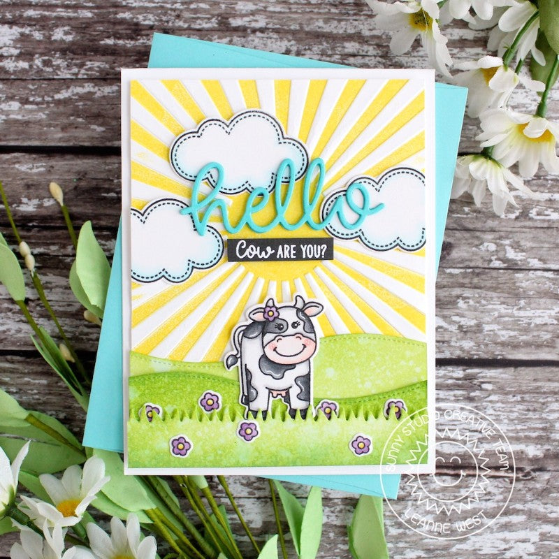 Sunny Studio Stamps Cow on the Farm Sun Ray Card featuring Sunburst 6x6 Embossing Folder