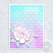 Sunny Studio Stamps Hello Lavender & Aqua Ombre Peonies Peony Flowers Embossed Card (using Moroccan Circles 6x6 Embossing Folder)