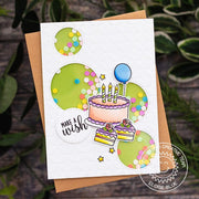 Sunny Studio Stamps Make A Wish Birthday Cake Embossed Shaker Card by Eloise Blue (using Moroccan Circles 6x6 Embossing Folder)