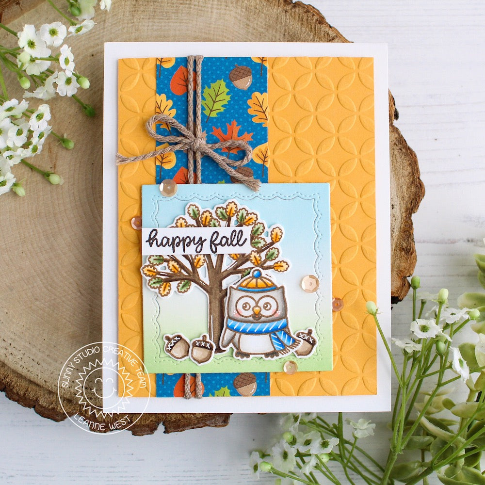 Sunny Studio Stamps Woodsy Autumn Happy Fall Owl with Tree Embossed Card by Leanne West