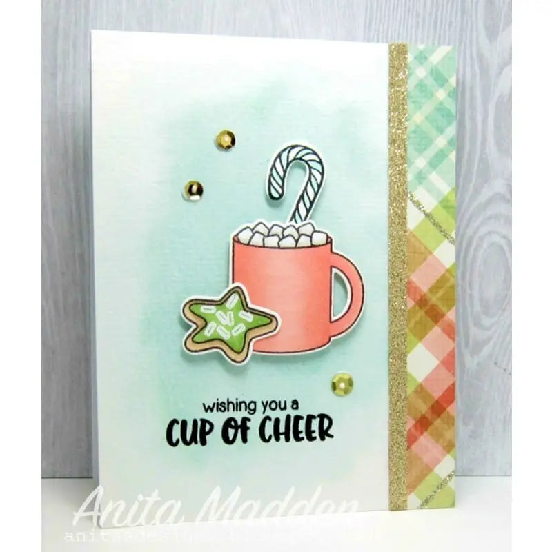 Sunny Studio Cup of Cheer Hot Cocoa, Candy Cane & Cookie Plaid Christmas Card (using Mug Hugs 4x6 Clear Stamps)