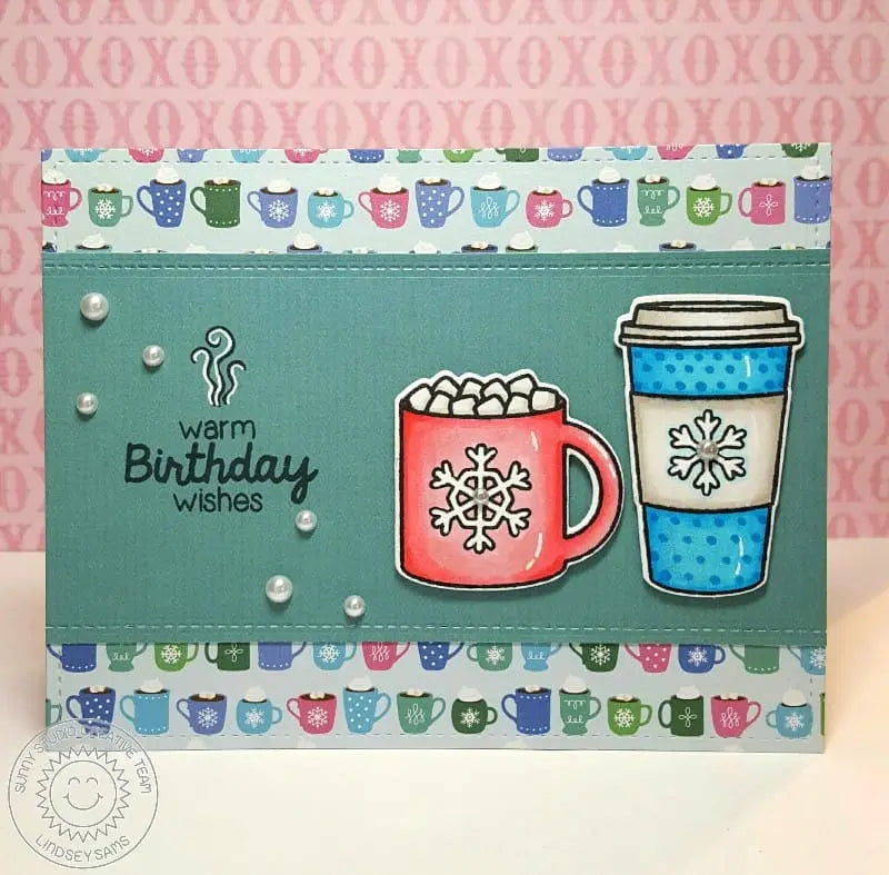 Sunny Studio Warm Birthday Wishes Coffee & Hot Cocoa Christmas Card (using Mug Hugs 4x6 Clear Stamps)