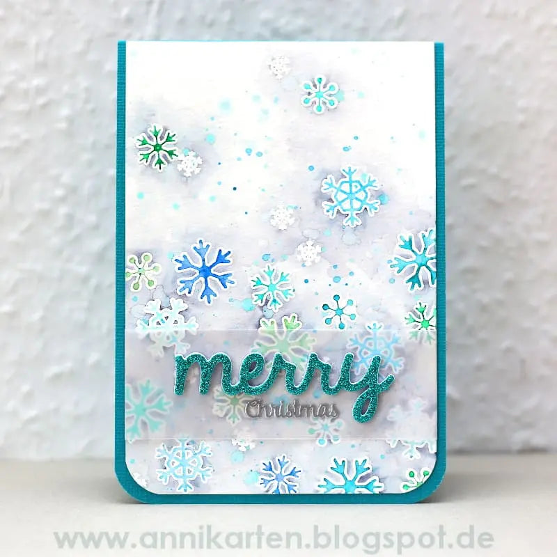 Sunny Studio Watercolor Aqua & Blue Snowflake Christmas Card (using Mug Hugs 4x6 Clear Stamps)