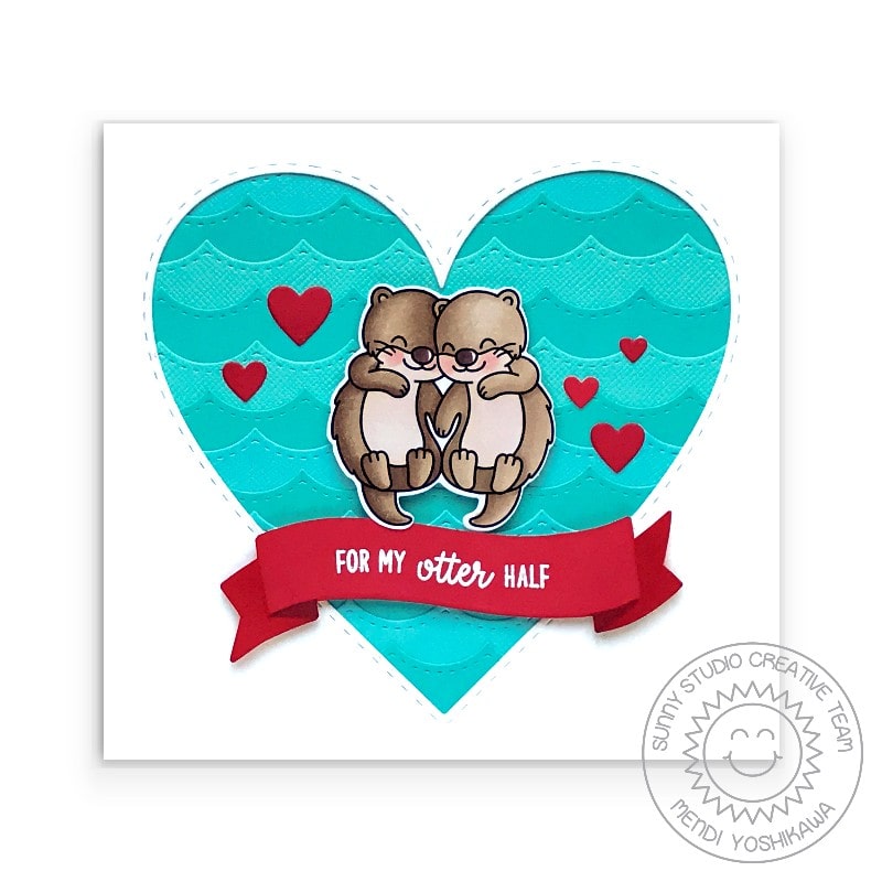 Sunny Studio Punny Sea River Otters Valentine's Day Love Themed Square Heart Card (using For My Otter Half 3x4 Clear Stamps)