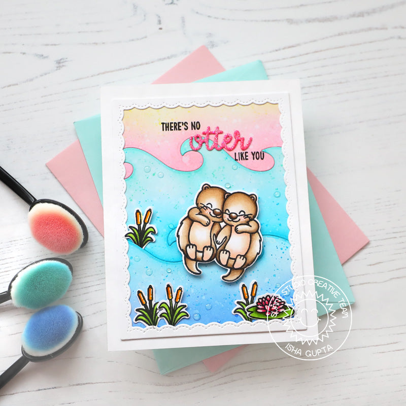 Sunny Studio There's No Otter Life You Punny Handmade Card with Ocean Waves Background (using My Otter Half 3x4 Clear Stamps)