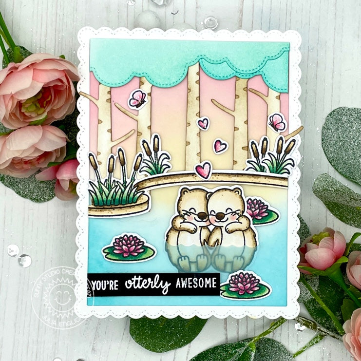 Sunny Studio You're Otterly Awesome Punny Otters in Pond with Birch Trees Handmade Card (using Country Scenes 4x6 Outdoor Borders Clear Stamps)