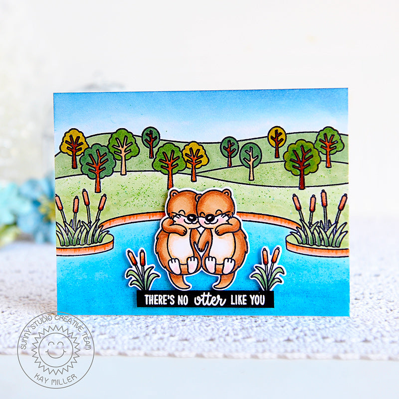 Sunny Studio River Otter Couple with Pond and Trees Handmade Card (using Country Scenes Border 4x6 Clear Stamps)