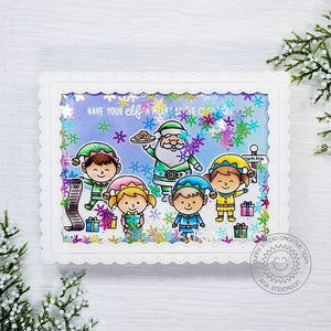 Sunny Studio Santa Claus & Holiday Elves Christmas Snowflake Shaker Card (using North Pole 4x6 Clear Stamps)