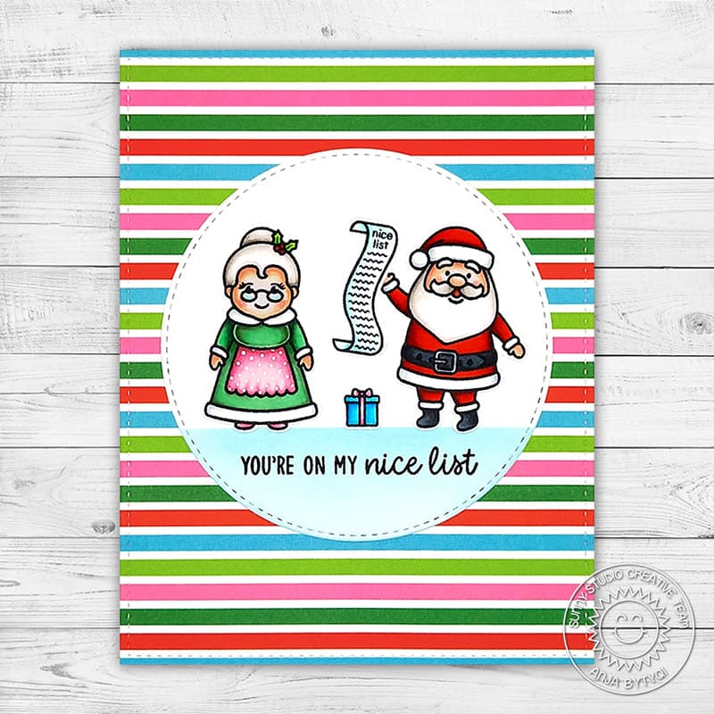 Sunny Studio Colorful Striped You're on My Nice List Santa & Mrs. Claus Holiday Christmas Card using North Pole Clear Stamps