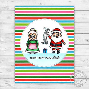 Sunny Studio Colorful Striped You're on My Nice List Santa & Mrs. Claus Holiday Christmas Card using North Pole Clear Stamps