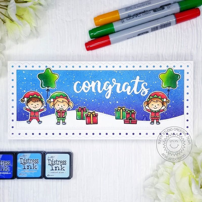 Sunny Studio Stamps Elves, Presents & Star Balloons Holiday Congrats Card using Slimline Scalloped Frame Metal Cutting Dies