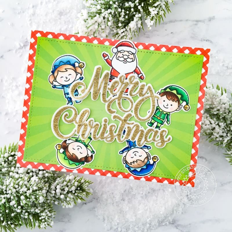 Sunny Studio Merry Christmas Santa with Elves Elf Christmas Card by Ashley Ebben (using North Pole 4x6 Clear Stamps)
