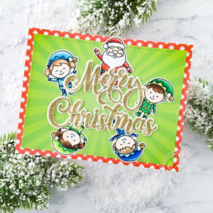 Sunny Studio Merry Christmas Santa with Elves Elf Christmas Card by Ashley Ebben (using Season's Greetings Word Dies)