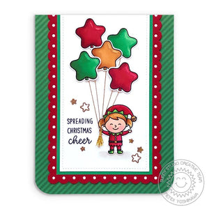 Sunny Studio Stamps Christmas Cheer Elf with Star Balloons Holiday Card using Slimline Scalloped Frame Metal Cutting Dies