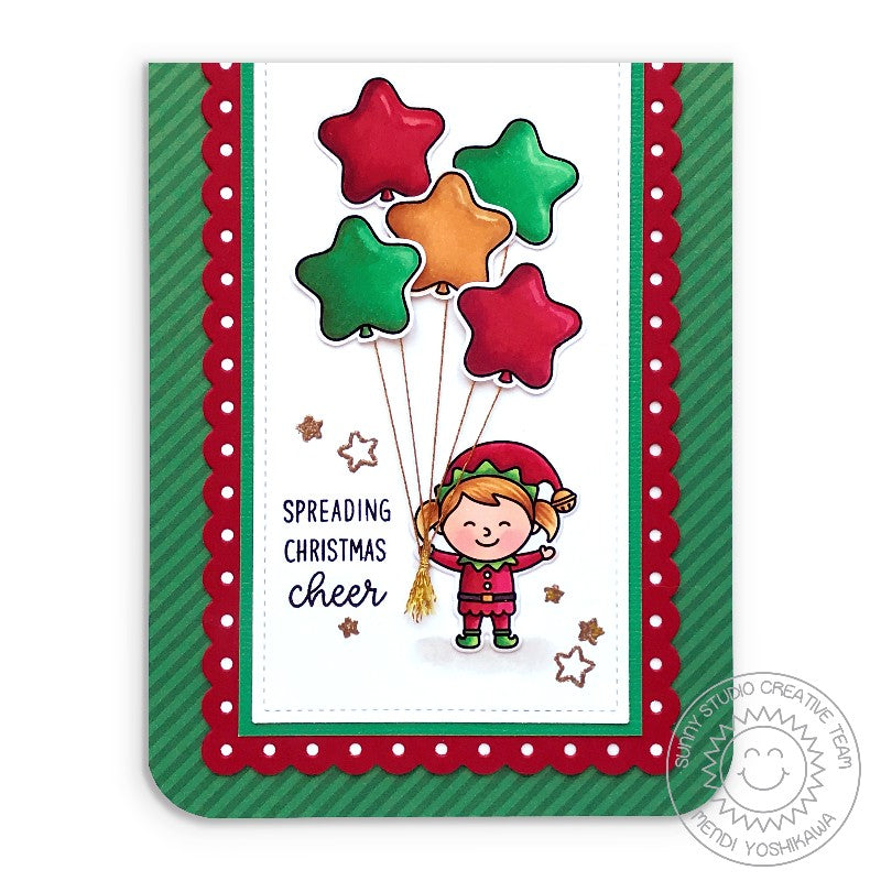 Sunny Studio Stamps Green Striped Spreading Christmas Cheer Elf with Balloons Handmade Holiday Card (using Dots & Stripes Jewel Tones 6x6 Patterned Paper Pack Pad)