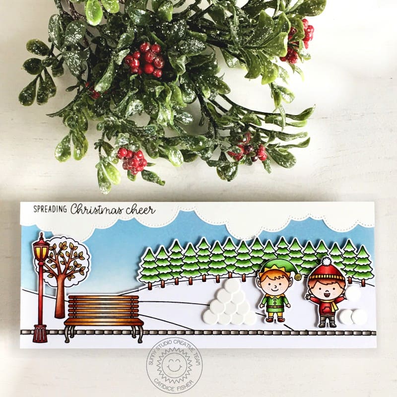 Sunny Studio Spreading Christmas Cheer Elf Snowball Fight in Park Slimline Christmas Card using Winter Scenes Clear Stamps