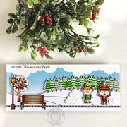 Sunny Studio Spreading Christmas Cheer Elf with Snowball Fight in Park Handmade Slimline Christmas Card (using Spring Scenes Clear 4x6 Stamps)