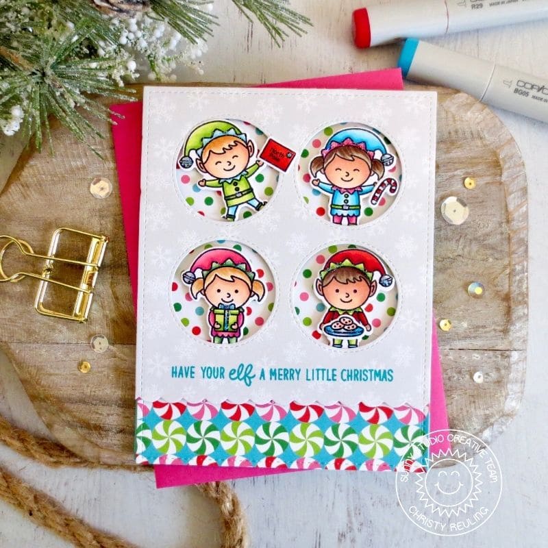 Sunny Studio Stamps Have Your Elf A Merry Little Christmas Punny Elves Holiday Christmas Card using Window Quad Circle Dies