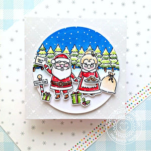 Sunny Studio Santa & Mrs. Claus North Pole Holiday Christmas Card with Fir Tree Border using Winter Scenes 4x6 Clear Stamps