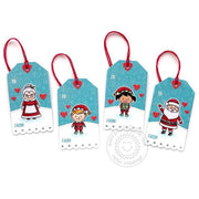 Sunny Studio Red, White & Blue Santa, Mrs. Claus & Elf Holiday Christmas Gift Tags using North Pole Clear Photopolymer Stamp