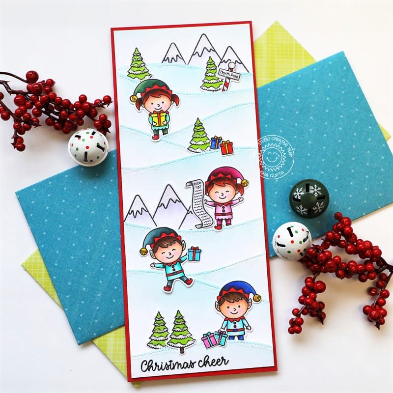 Sunny Studio Elf Spreading Christmas Cheer Snowy Hills Slimline Holiday Card (using North Pole 4x6 Clear Stamps)