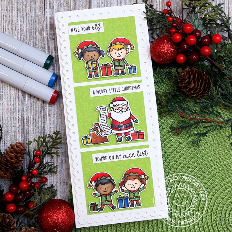 Sunny Studio Stamps Elves & Santa Claus Handmade Holiday Christmas Card using Slimline Scalloped Frame Metal Cutting Dies