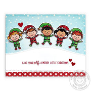 Sunny Studio Punny Elf Leaping Elves Winter Holiday Christmas Card (using Frosty Flurries Mini Snowy Background Stamps)