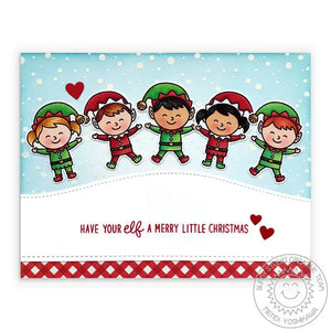 Sunny Studio Punny Elf Leaping Elves Winter Holiday Christmas Card (using Frosty Flurries Mini Snowy Background Stamps)