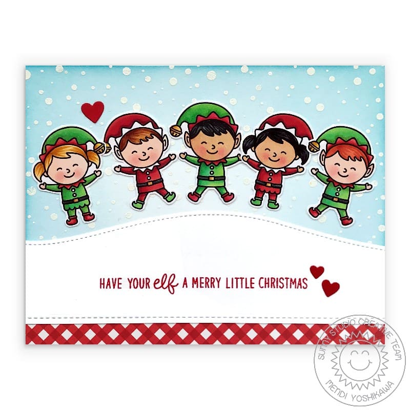 Sunny Studio Have Your Elf A Merry Little Christmas Punny Elves Holiday Card using North Pole 4x6 Clear Photopolymer Stamps