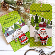 Sunny Studio Santa & Mrs. Claus North Pole Houses Green Gingham Holiday Christmas Gift Tags using Winter Scenes Clear Stamps