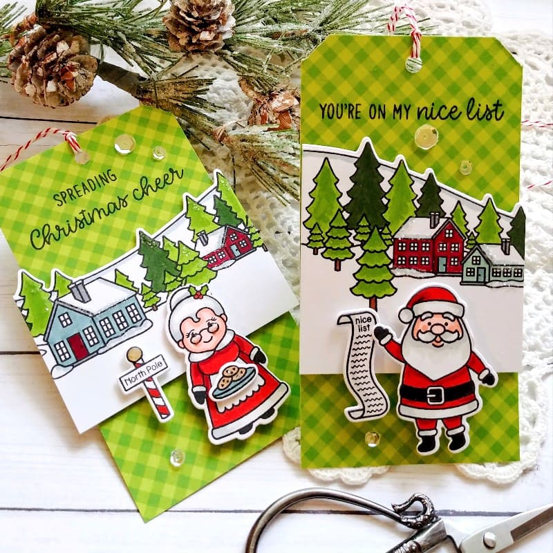Sunny Studio Stamps Green Gingham Santa & Mrs. Claus Handmade Holiday Christmas Gift Tags using North Pole 4x6 Clear Stamps