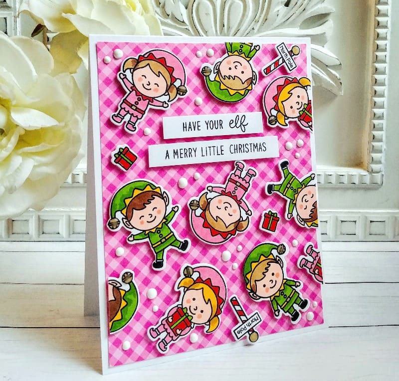 Sunny Studio Stamps Gingham Have Your Elf A Merry Little Christmas Punny Elves Holiday Card using North Pole Clear Stamps