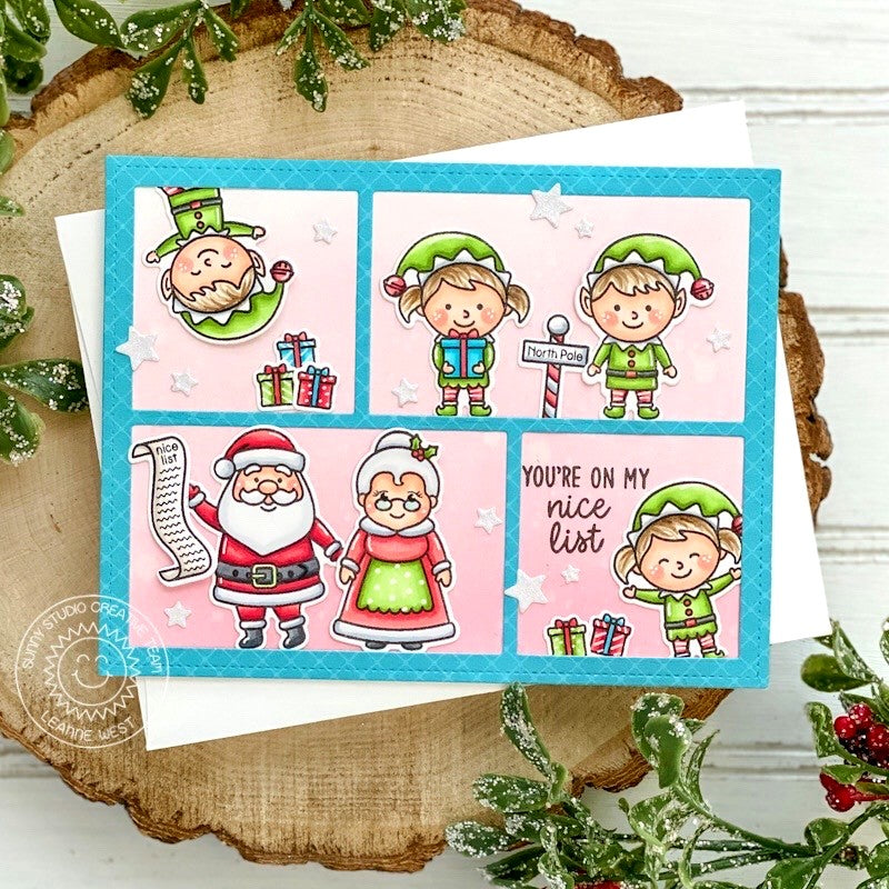 Sunny Studio Stamps You're On My Nice List Santa, Mrs. Claus & Elves Handmade Holiday Christmas Card (using Comic Strip Speech Bubbles Dies)