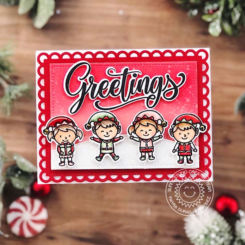 Sunny Studio Greetings Red Scalloped Elf Christmas Holiday Card (using North Pole 4x6 Clear Stamps)