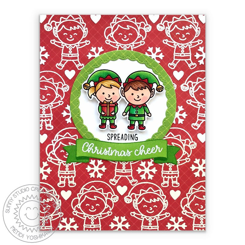 Sunny Studio Stamps Spreading Christmas Cheer Holiday Elf Handmade Card with Red Diagonal Grid Print (using Classic Sunburst 6x6 Patterned Paper Pad)