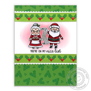 Sunny Studio You're On My Nice List Santa with Mrs. Claus Green Holly Holiday Christmas Card using North Pole Clear Stamps
